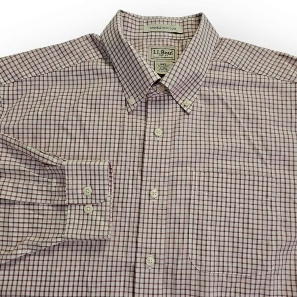 LL Bean Wrinkle Resistant Beige, Red Plaid Long‎ Sleeve Cotton Shirt Large-Reg